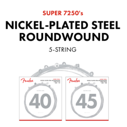 FENDER 7250 Bass Strings, Nickel Plated Steel, Long Scale, 7250-5L .040-.115 Gauges, (5)