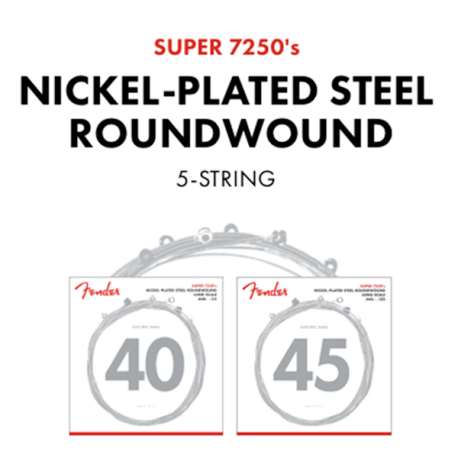 FENDER 7250 Bass Strings, Nickel Plated Steel, Long Scale, 7250-5L .040-.115 Gauges, (5)