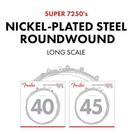 FENDER 7250 Bass Strings, Nickel Plated Steel, Long Scale, 7250ML .045-.100 Gauges, (4)