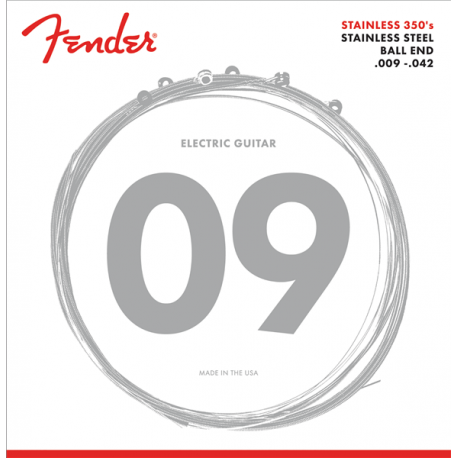 FENDER Stainless 350's Guitar Strings, Stainless Steel, Ball End, 350L Gauges .009-.042, (6)