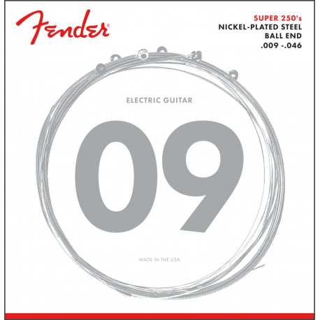 FENDER Super 250 Guitar Strings, Nickel Plated Steel, Ball End, 250LR Gauges .009-.046, (6)