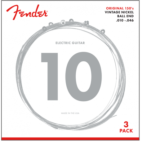 FENDER Original 150 Guitar Strings, Pure Nickel Wound, Ball End, 150L .010-.046 Gauges, 3-Pack