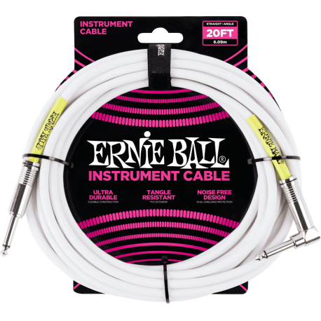 ERNIE BALL Cables instrument classic jack/jack coudé 6m blanc