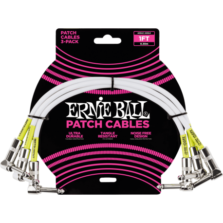 ERNIE BALL Cables instrument patch pack de 3 - coudé - 30cm blanc