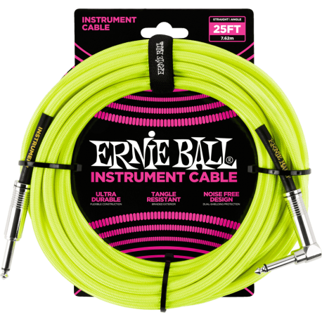 ERNIE BALL Cables instrument gaine tissee jack/jack coudé7,62m jaune