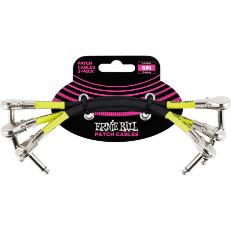ERNIE BALL Cables instrument patch pack de 3 - coudé fin - 15cm noir