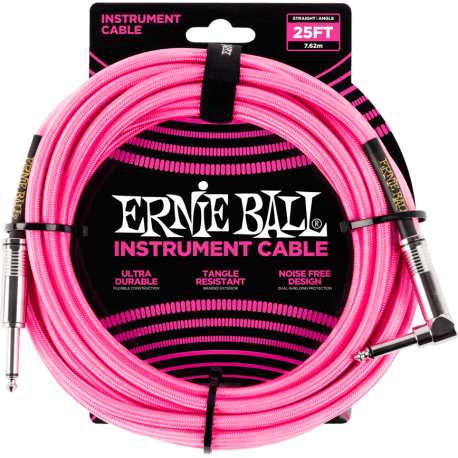 ERNIE BALL Cables instrument gaine tissee jack/jack coudé7,62m rose
