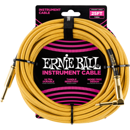 ERNIE BALL Cables instrument gaine tissee jack/jack coudé7,62m doré
