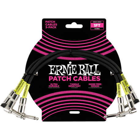 ERNIE BALL Cables instrument patch pack de 3 - coudé - 30cm noir