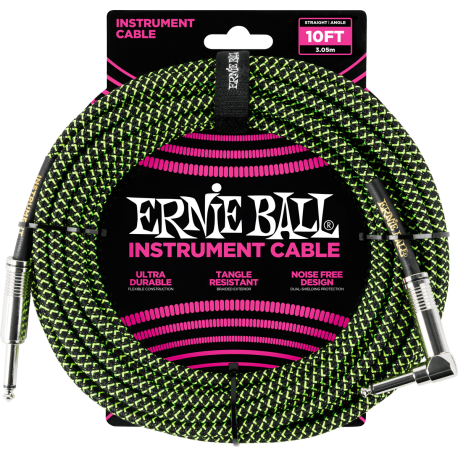 ERNIE BALL Cables instrument gaine tissée jack/jack coudé 3m noir/vert