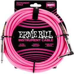 ERNIE BALL Cables instrument gaine tissée jack/jack coudé 3m rose fluo