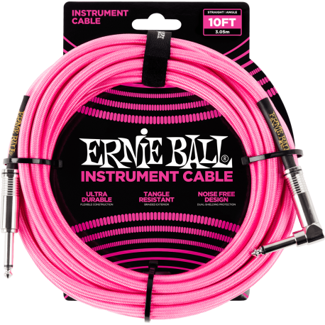 ERNIE BALL Cables instrument gaine tissée jack/jack coudé 3m rose fluo