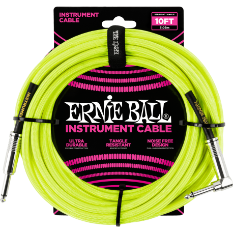 ERNIE BALL Cables instrument gaine tissée jack/jack coudé 3m jaune fluo