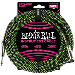 ERNIE BALL Cable instrument gaine tissée jack/jack coudé 5,5m noir/vert