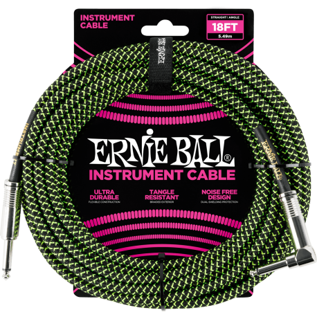 ERNIE BALL Cable instrument gaine tissée jack/jack coudé 5,5m noir/vert