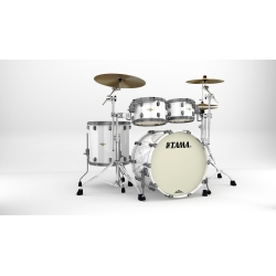 TAMA Starclassic Maple 4-piece shell pack with 22" bass drum, Smoked Black Nickel Shell Hardware PIANO WHITE