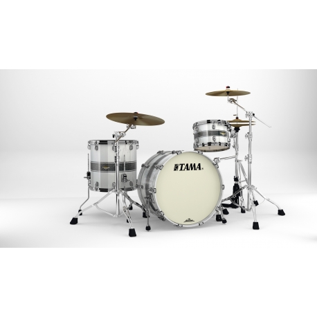 TAMA Starclassic Maple 3-piece shell pack with 22" bass drum, Black Nickel Shell Hardware SILVER SNOW RACING STRIPE