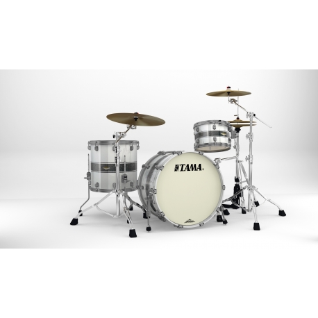 TAMA Starclassic Maple 3-piece shell pack with 22" bass drum, Smoked Black Nickel Shell Hardware SILVER SNOW RACING STRIPE