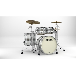 TAMA Starclassic Maple 4-piece shell pack with 22" bass drum, Black Nickel Shell Hardware SILVER SNOW RACING STRIPE