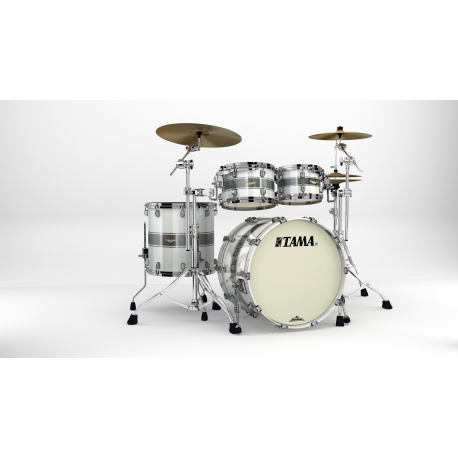 TAMA Starclassic Maple 4-piece shell pack with 22" bass drum, Black Nickel Shell Hardware SILVER SNOW RACING STRIPE